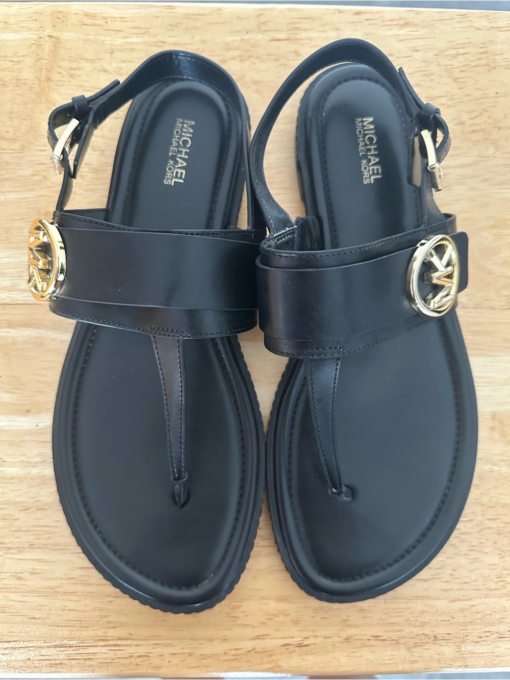Michael Kors Black Leather T-Strap Sandals with Gold Logo